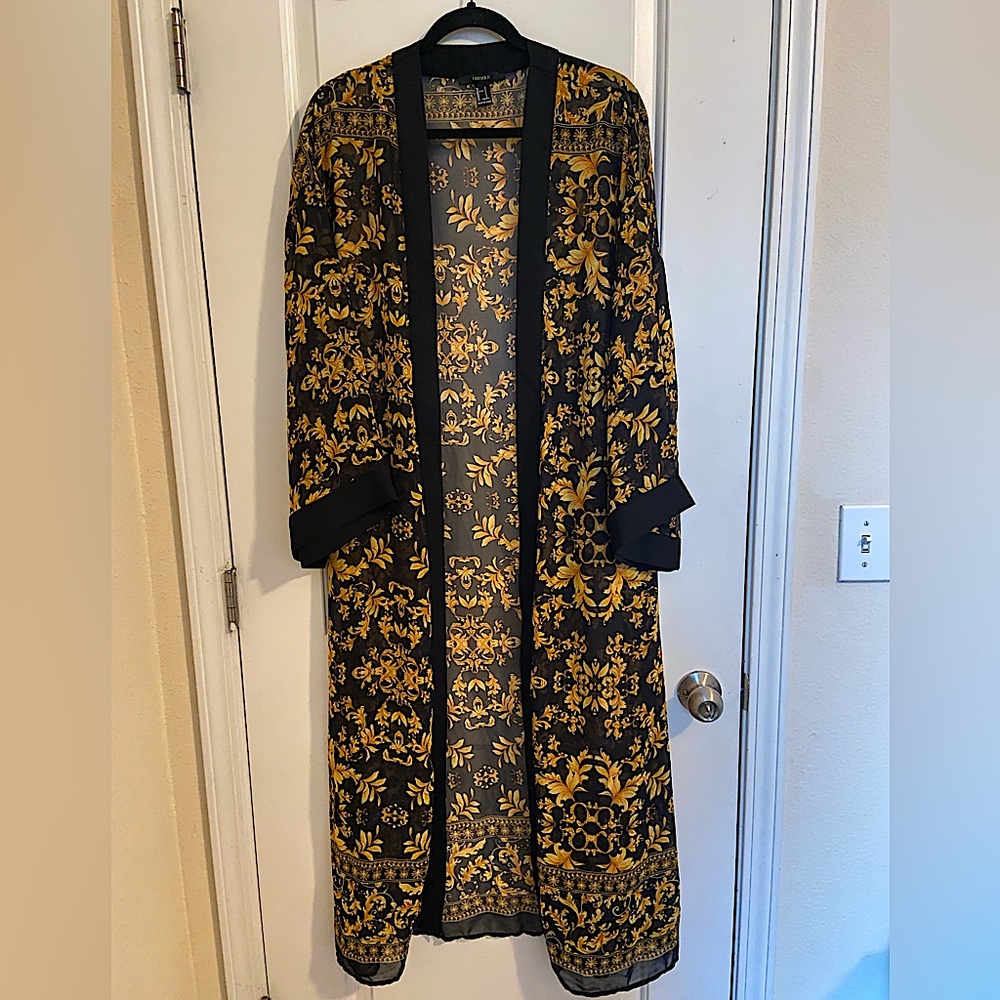 Forever 21 Black and Gold Sheer Kimono, Size Small